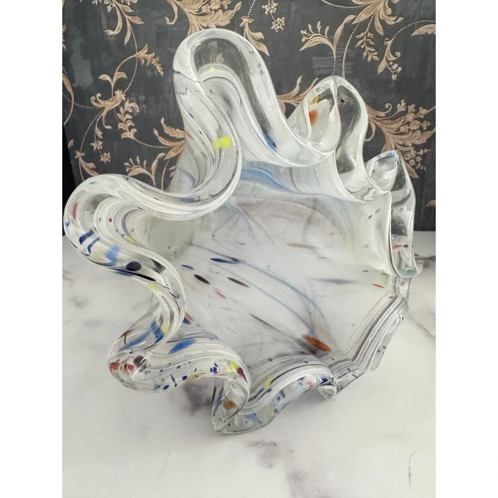Hand Blown Art Glass Handkerchief Vase White Blue Swirl Confetti Ruffled 10.5